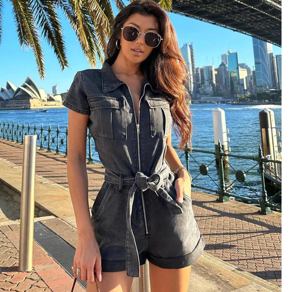 π₯HOT ITEMπ₯ White Fox Boutique Summer Denim Romper in Black Acid - Picture 6 of 12